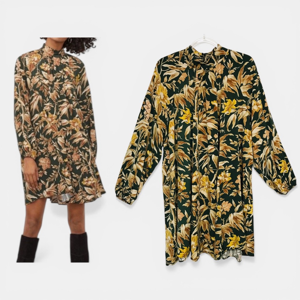 H&M Womens Size 14 Green Floral Long Sleeve Mock Neck Shift Dress 07876960
